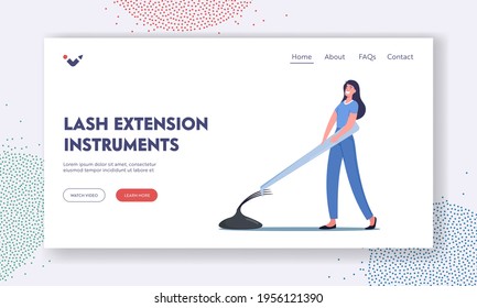 Eyelashes Extension Instruments Landing Page Template. Tiny Master Female Character with Huge Tweezers Presenting Beauty Procedure. Spa Cosmetics Care Process. Cartoon People Vector Illustration