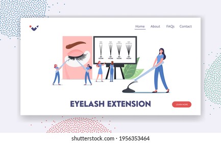 Eyelashes Extension Landing Page Template. Tiny Masters Characters with Tweezers Presenting Beauty Procedure Infographics with Eyelash Types from 2d to 5d on Screen. Cartoon People Vector Illustration