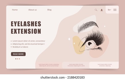 Eyelashes extension landing page template. Linear female eyes. Elegant logo for beauty salon. Vector Illustration in flat cartoon style. Website design.