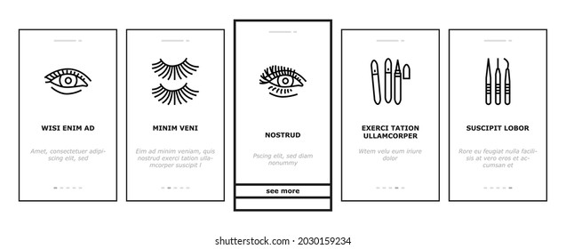 Eyelashes Extension Onboarding Mobile App Page Screen Vector. Applying And Correction Eyelashes, Patches And Tweezers, Brushes And Scissors Illustrations