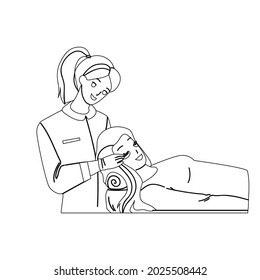 Eyelashes Extension Procedure Make Stylist Black Line Pencil Drawing Vector. Eyelashes Extension Make Beauty Salon Worker For Woman Client. Professional Spa Treatment Or Correction Illustration