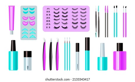 Eyelashes extension tools set vector illustration. Lashes collection different forms, volume, size for cosmetics procedures laminating, extension, staining and curling. Makeup accessoires isolated