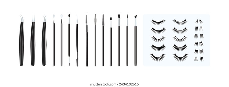 Eyelashes extension tools set vector illustration. Lashes collection different forms, volume, size for cosmetic procedures laminating, extension, staining and curling. Makeup accessoires isolated.