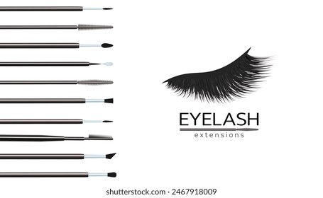 Eyelashes extensions logo with cosmetics brushes vector illustration. Makeup tools set, isolated on a white background. Beauty accessories for lashes and brows extensions business cards and designs.