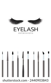 Eyelashes extensions logo template with makeup brushes vector illustration. Cosmetics tools set isolated. Beauty accessories poster for lashes and brows making cards and designs. Black colors.