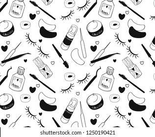 Eyelashes extensions tools pattern. Hand drawn Vector background. 