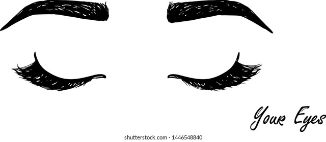 eyelashes and eyebrows black icon. hand drawing. flat simple style trend modern lashes extension logotype graphic element isolated on white. concept of beauty salon emblem or label 