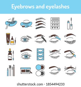 Eyelashes and eyebrows color line icons set. Pictograms for web page, mobile app, promo.