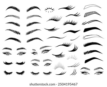 Eyelashes Eyebrows Female Eyes Vector Makeup beauty Collection.