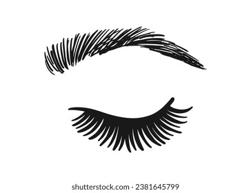Eyelashes and Eyebrows Illustration. Female Eyes Sketch Icon. Woman Beauty Salon Logo. Mascara Makeup Decorative Element