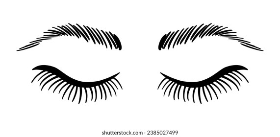 Eyelashes and Eyebrows Illustration. Female Eyes Sketch Icon. Woman Beauty Salon Logo. Mascara Makeup Decorative Element