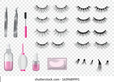 Eyelashes false beauty makeup set vector illustration realistic style. Artificial eye lash and tools female cosmetic collection for making lashes longer on transparent background.