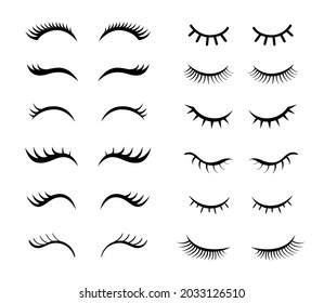 Escaramuzas para niñas simples ilustraciones vectoriales establecidas. Colección de estilos de rímel para el maquillaje, ojos cerrados de niñita con hermosos azotes aislados en fondo blanco. Belleza, moda, concepto de maquillaje