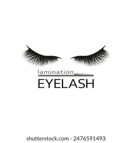 Eyelashes lamination logo template vector illustration. Lashes extensions logotype concept. Cosmetics procedures promo design for beauty, business cards, company branding. Make up brush isolated