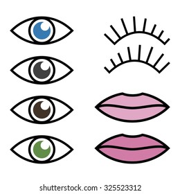 eyelashes lips and eyes with colored pupils icons 