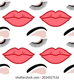 eyelashes and lips makeup seamless pattern