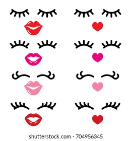 Eyelashes And Lips Vector Icons, Pretty Girl's Face, Closed Eyes And Heart Lips - Beauty Concept
 