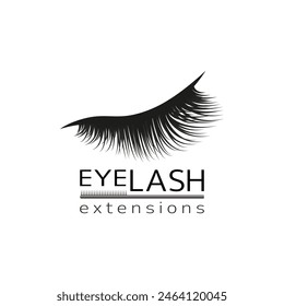 Eyelashes logo template vector illustration. Lashes extensions logotype concept. Cosmetics procedures promo design for beauty, business cards, company branding. Make up brush isolated and simple text