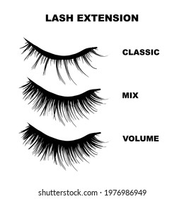 Eyelashes mapping beauty business illustration. lashes extension art. Different shapes - classic, volume, hybrid curly icons set, cosmetic 