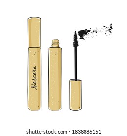 Eyelashes mascara open and closed with brush isolated on white background. Vector illustration.