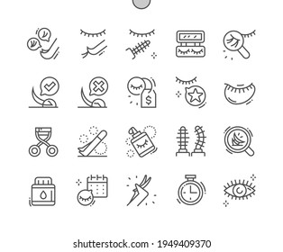 Eyelashes procedures. Forceps, glue dissolver, salon, patches and attachment. Cosmetology and beauty. Pixel Perfect Vector Thin Line Icons. Simple Minimal Pictogram