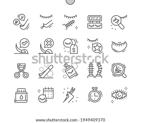 Eyelashes procedures. Forceps, glue dissolver, salon, patches and attachment. Cosmetology and beauty. Pixel Perfect Vector Thin Line Icons. Simple Minimal Pictogram