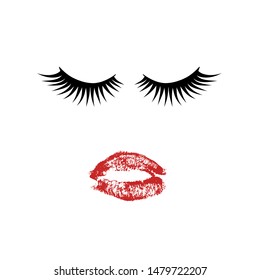 Eyelashes and red lipstick kiss. Lashes and lips isolated on white. Vector illustration. Easy to edit template for beauty salons, makeup and brow artists, eyelash extension service, etc.