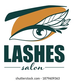 Eyelashes Salon-Etikett mit Text und Auge mit dicken und langen Leinen. Einziger Emblem oder Logotyp mit Augen, Federn oder dekorativen Blättern. Augenbrauenkorrektur für weibliche Klienten. Vektorgrafik im Flachstil