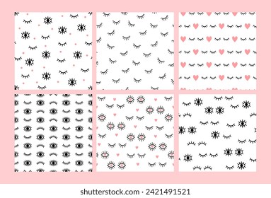 Eyelashes seamless pattern. Print with abstract lashes, open and close eyes. Background with girl makeup lash. Hand drawn fashion pink heart and cilia. Vector set. Human vision or look