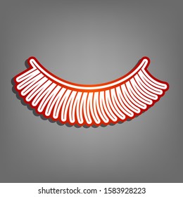 Eyelashes sign. Flat red icon with linear white icon with gray shadow at grayish background. Illustration.