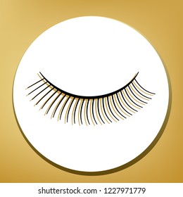 Eyelashes sign. Vector. Black icon with light brown shadow in white circle with shaped ring at golden background.