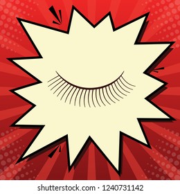 Eyelashes sign. Vector. Dark red icon in lemon chiffon shutter bubble at red popart background with rays.