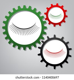 Eyelashes sign. Vector. Three connected gears with icons at grayish background.