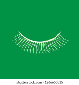 Eyelashes sign. Vector. White flat icon with yellow striped shadow at green background.