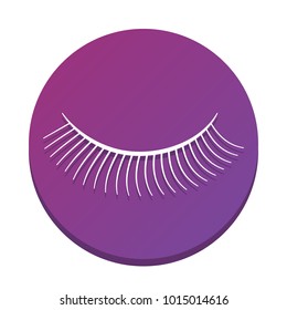 Eyelashes sign. Vector. White icon with flat shadow on purpureus circle at white background. Isolated.