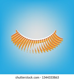 Eyelashes sign. Vector. White icon with 3d warm-colored gradient body at sky blue background.