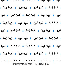 Eyelashes and tear drops vector cartoon style seamless pattern background.
