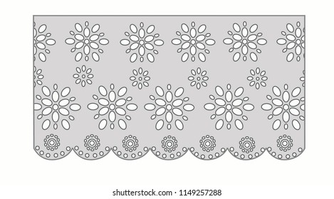 eyelet cotton lace Decorative ornament for border of fabric. Stylized texture of embroidery, imitation satin stitch. Vector pattern for printing on fabric, clothes, hem of dress, cuff, collar.