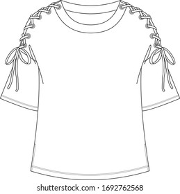 EYELET DETAIL TOP. Womens Blouse Fashion Flat Technical Drawing Template.