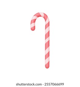  An eye-level shot of a candy cane against a stark white backdrop. The candy cane is a vibrant shade of red, with a white stripe running down the length of the candy cane