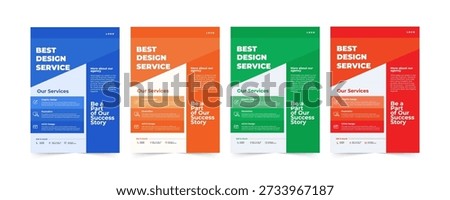 An eye-level shot captures a series of four brightly colored design service brochures, each showcasing a modern and compelling design.