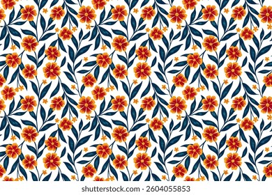 An eye-level view of a seamlessly woven arrangement of vibrant orange flowers interspersed with blue leaves, the pattern evoking feelings of calm and gentle.