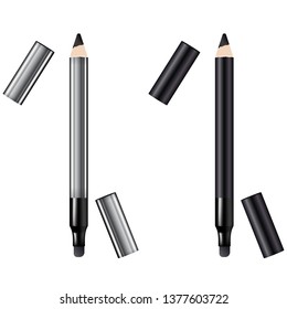 Eyeliner 3d template pencil. Make up realistic pen. Liner. Crayon. Cosmetic Makeup Metallic Eyeliner Pencils. Vector Illustration.