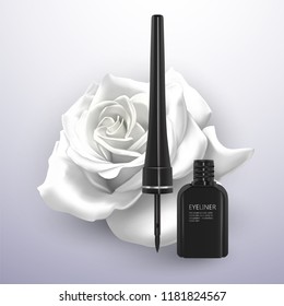Eyeliner of black color on a white rose background, vector illustration