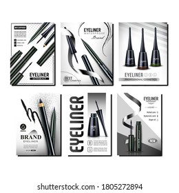 Eyeliner Cosmetics Promotional Posters Set Vektor. Eyeliner Blank Flaschen, Stifte und Tinte Linear auf verschiedenen Werbebannern. Illustrationen zum Farbkonzept von Beauty Accessories