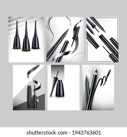 Eyeliner Cosmetics Promotional Posters Set Vector. Eyeliner Blank Bottles, Pencils And Ink Linear On Different Advertise Marketing Banners. Beauty Accessories Style Color Concept Layout Illustrations