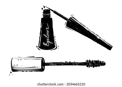 Eyeliner y mascara, ilustración vectorial dibujada a mano, monocromo