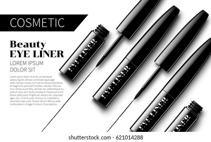 Eyeliner Package Design Premium Ads mock up Soft isolated white Background. Excellent Advertising. Cosmetic Package Design Sale Promotion New Product. 3D Vector Illustration.