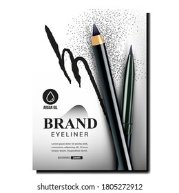 Eyeliner Pencils Creative Promo Banner Vector. Black Eye Linear Advertise And Blank Pencils On Advertising Poster. Girl Makeup Accessory For Eyebrow Or Eyelid Style Color Concept Template Illustration