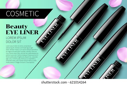 Eyeliner Premium Ads vermitteln weich türkisfarbenen Hintergrund mit rosafarbenen Petalen. Hervorragende Werbung. Cosmetic Packet Design Verkaufs-Werbemittel neues Produkt. 3D-Vektorgrafik.